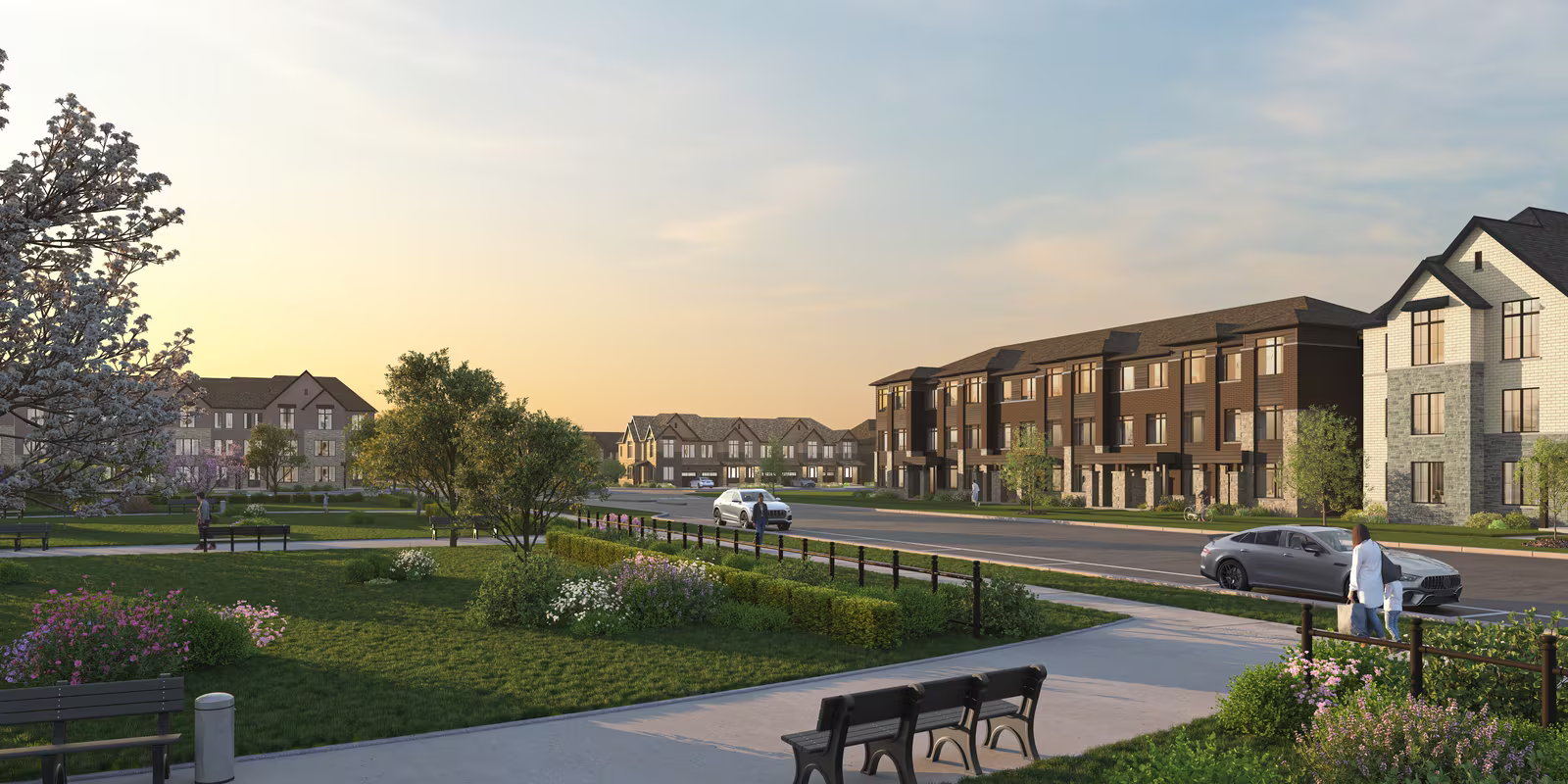 Founder’s Walk three-storey townhomes overlooking landscaped park space — artist’s concept